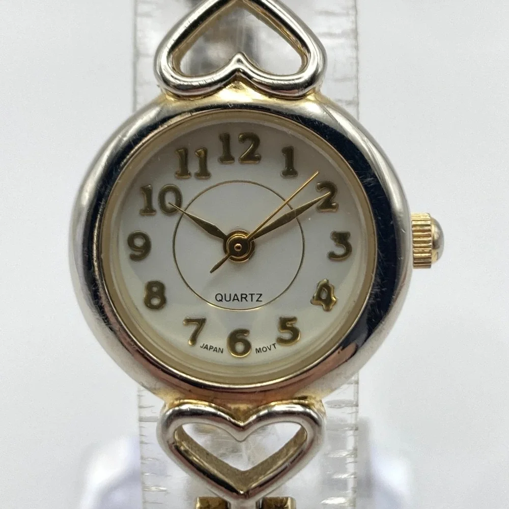 Vintage Women's Watch Heart Links Silver Gold Tone 21mm New Battery SMALL 6